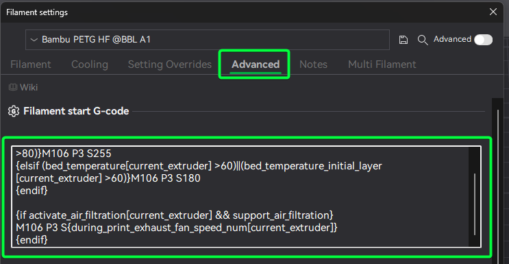 Filament Settings G-Code